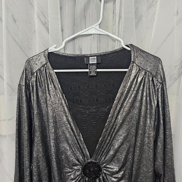 Studio 1940 Blouse Gray Silver Metallic Goth Grunge 26/28W - Picture 2 of 13